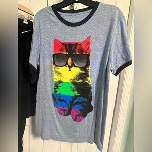 Well Worn Blue Ringer Tee with Rainbow Cat Graphic